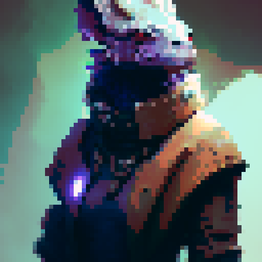 bold, fierce, yet slightly adorable humanoid creature with a semi-profile, featuring glowing eyes