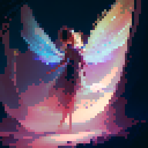 fairy girl with delicate wings, flowing hair, holding a glowing wand, surrounded by enchanted forest, casting a spell in a magical, ethereal, fantasy RPG art style