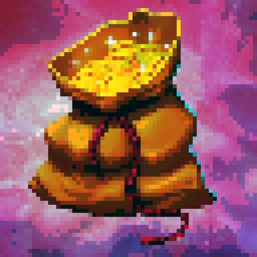 A bulging sack of golden coins, its rich, velvety fabric cinched with a crimson rope, overflowing with shimmering treasure. Each coin gleams with a warm, enchanted glow, catching the light with a touch of magic. Rendered in a vibrant, fantasy-inspired digital painting, set against a swirling cosmic backdrop,   as a 32x32 pixel game icon, rendered with skillful pixel art in sRGB colors
