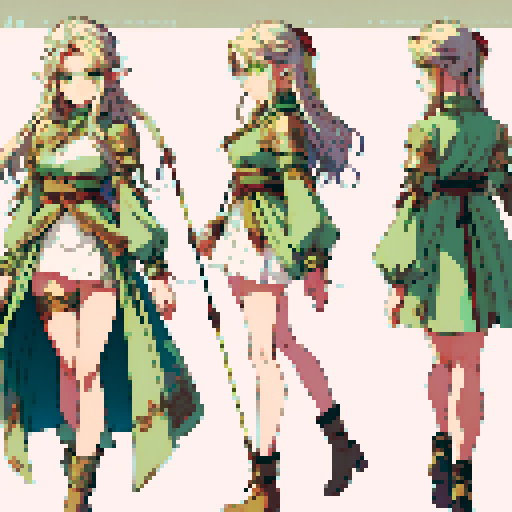 JRPG game charater design ,a female 
elf with gold hair, green eyes , job class archer wearing leather armer , hoding an ancient bow carring arrows on her back ,age around 18