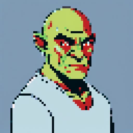 portrait, male orc, bald, red eyes, green skin, shoulders up, pixel art