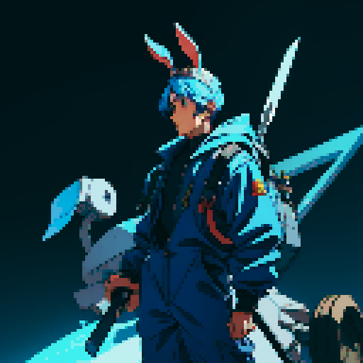 A character, who is a rabbit man, in blue coveralls carrying a giant wrench