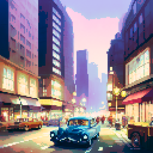 bustling cityscape, towering skyscrapers, art deco architecture, vintage cars, elegant street lamps, exuding a sense of nostalgia