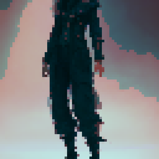 Create a pixel art character illustration featuring an ice-themed young male character. The design should include the following details:
Appearance:
Gender: Male
Age: Young adult
Hair: Near-black deep blue, styled in a way that suggests a cold or icy theme, perhaps with a few strands of hair falling over his forehead.
Eyes: Icy blue, half-closed, giving a calm and introspective expression.
Clothing:
Outfit: Pure black, elegant yet slightly worn and tattered to reflect a long journey. Consider el