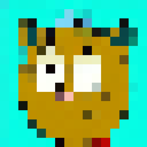 A cartoon cat on a turquoise background, big eyes, pupils clearly visible