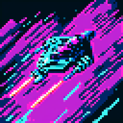 16-bit pixel art spaceship, small blocky silver hull with a few rust spots, glowing cyan engines at the back, flying fast left-to-right with a long, thin cyan-magenta hyperspace trail streaming behind, simple black starry background, SNES retro style, 64x64px grid, limited 8-color palette, sharp pixel edges, minimal detail

