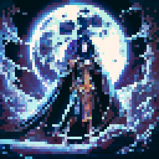 shows a vampire, cloaked in a deep midnight-blue robe, holding a delicate vineglass filled with blood. Their ghostly form seems to merge with the crimson light of a large, full blood moon in the background. The vampire's eyes glow with an intense, otherworldly emotion, and the scene is set against a sky swirling with faint clouds and starlight. The art blends sharp, minimalistic details with a dreamlike atmosphere, capturing the vampire's mysterious and ephemeral presence.