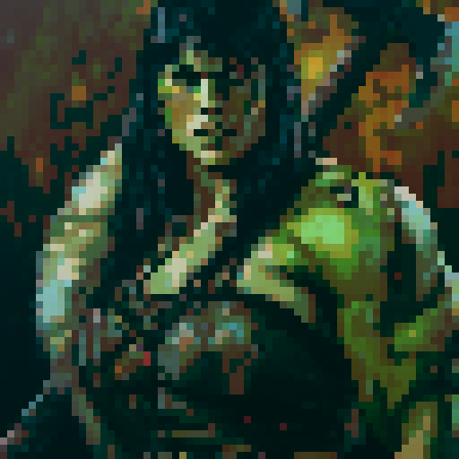 8-bit style portrait with vibrant, retro colors, showcasing a pixelated character in a dynamic pose against a black background, reminiscent of classic video games