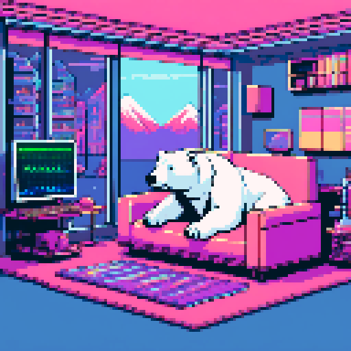 "An 8-bit pixel art of a wealthy polar bear in a high-tech mansion. The bear, in a suit and sunglasses, lounges on a sleek sofa surrounded by holographic displays, LED lighting, and smart glass walls. Crypto symbols glow on digital panels, and a workstation with trading charts highlights his success. A panoramic window reveals icy mountains, blending luxury and futuristic tech."
