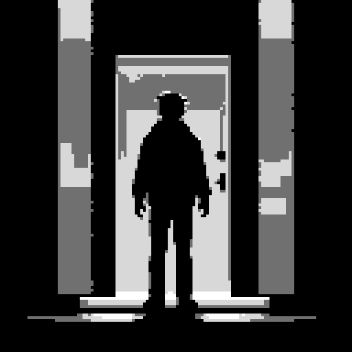 dark silhouette standing figure infront of door, vibrant colors, pixelated details, glowing door, luminous aura