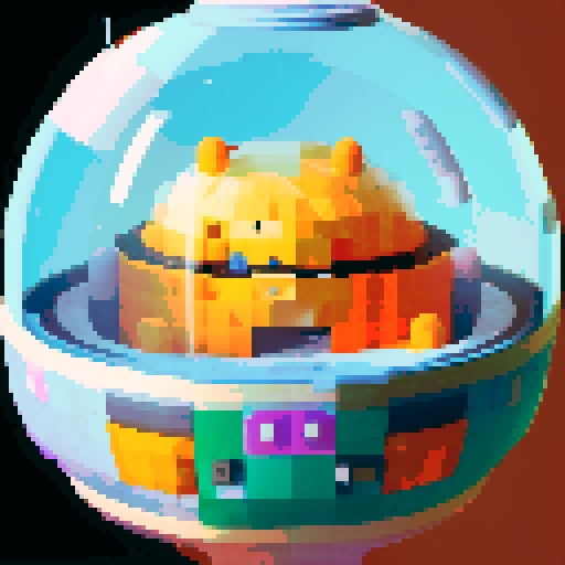 A sphere spaceship shaped like a gachapon with a clear window top. through the top window is an orange cat. cute