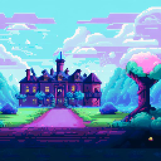 Haunted plantation style mansion, looming atop a hill, with a winding cobblestone pathway leading to its entrance, under a dark night sky filled with ominous thunderclouds and sporadic bursts of lightning, all depicted in pixel art, showcasing the eerie sRGB color palette, creating a haunting background landscape