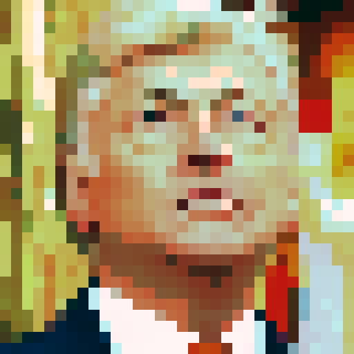 pixel art, 32x32, blonde man with swept-back hair and orange-toned skin, wearing a dark navy suit, white shirt, and red tie, smirking confidently with a raised eyebrow, pointing finger toward viewer, cartoonish and bold style, simple background or US flag
