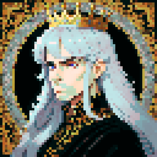 prince, regal, metall crown, black crown, majestic, stoic expression, sharp features, silver accents, silver royal robe, intricate embroidery, game icon, 32x32 pixel art, sRGB, skill art, close up, portrait, golden hairs, detailed