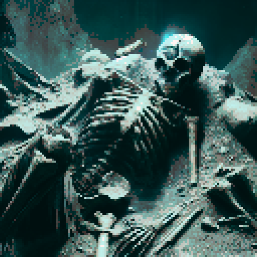 Dead character, adorned in rusty, battle-worn armor, lying amidst the eerie shadows of a menacing dungeon, surrounded by ancient bones and remnants of a forgotten fantasy RPG world