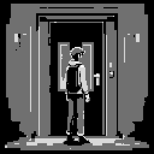 dark standing figure infront of door, vibrant colors, pixelated details, glowing door, luminous aura