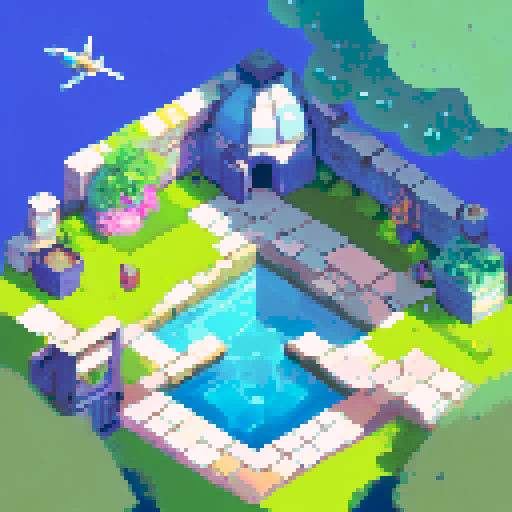 A city with a square in the middle, then a school, a Church, a cinema, a restaurant, and some shops and further a train station. isometric perspective.