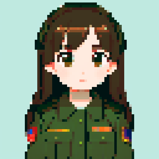 young girl, large round eyes, soft long hair, innocent expression, brown hair, brown eyes, wearing combat green army uniform, upper body close-up, transparent background, clean and detailed, game icon, centered composition