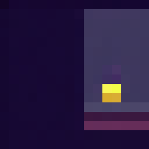 Create a 16x16 pixel art portrait of a neon-colored, geometric Asian girl with a retro aesthetic against a tropical Hawaii beach backdrop.