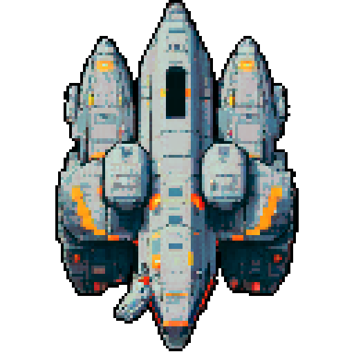 2d Spaceship in empty space, metallic exterior, retro aesthetic, pixelated details,blinking lights, wireframe outlines, geometric shapes, low-resolution textures, pixel art style, sRGB color space View from above.  For a spaceship designed for stealth or reconnaissance missions, use dark grays, deep blues, and black, with minimal highlights in red or orange for the thrusters and running lights. This palette suggests a more militaristic or secretive function.