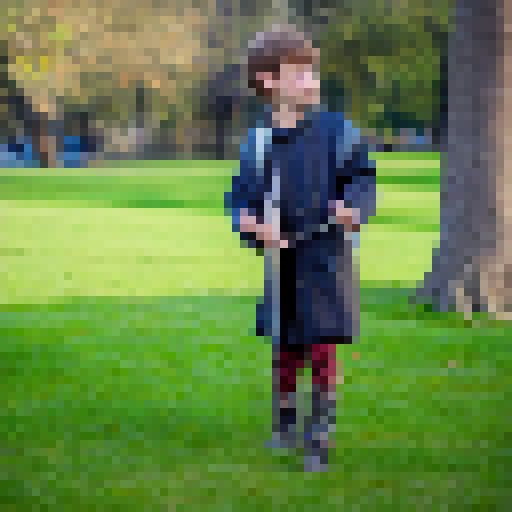 a boy with a sword in his hand in the park 

