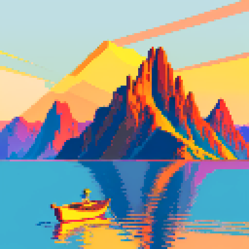 sunset sky in vibrant hues, towering mountains with jagged peaks, serene waters reflecting the golden glow, a pixel art boat sailing towards the horizon