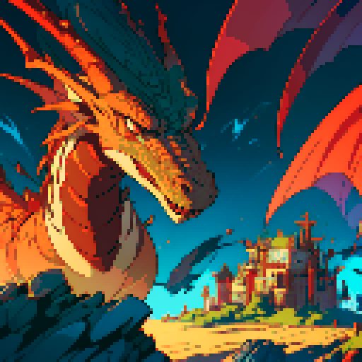 fire dragon with shimmering red scales, hoard of gold coins glimmering in the background, dragon leisurely lounging on top of a massive pile of gold coins, dragon's majestic form taking up the full canvas with intricate pixel art details in a vibrant sRGB color palette
