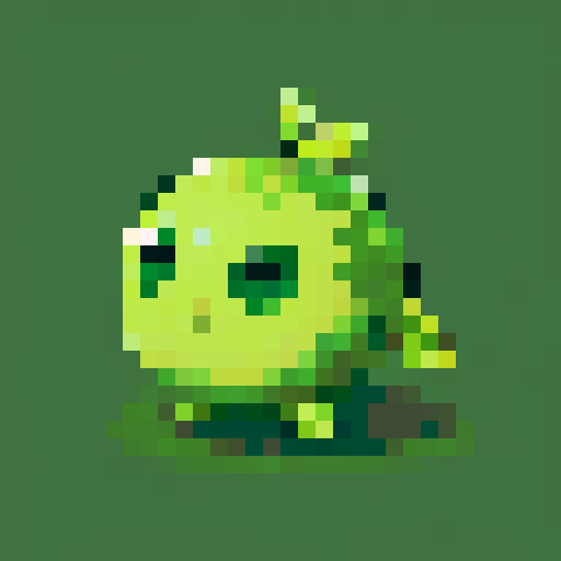 A tiny plant-like creature with a leafy body, bright green skin, and small flowers growing from its head. It has big, round eyes and a cheerful expression, with roots as feet.
