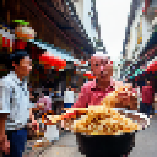 Slurping noodles, chopsticks in hand, a bald man with a bushy mustache enjoys his meal in a bustling Asian street market, surrounded by colorful lanterns and steaming food carts.