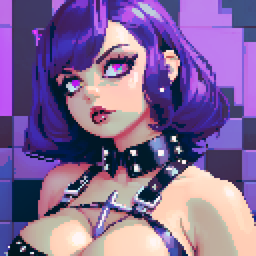 curvy, busty goth babe with studded collar. Nude big titty goth, in a close up nude glamour shot. Neon lighting, modern tile backsplash.