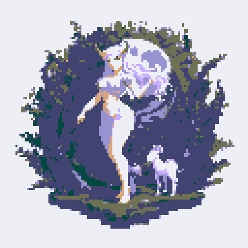 mystic druid wild woman mythological unicorn in a faun body shape, animal-human hybrid, playful demeanor, forest guardian, full body, bathed in moonlight, clear detail