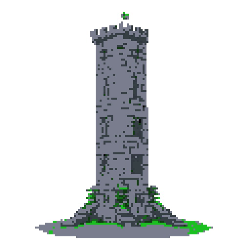 2d grey stone tower in an ancient english style. Old and crumbling but still upright. Green vines crisscross it. Usable as an asset (clear, thick lines and a white background). Put a black stroke around the composition