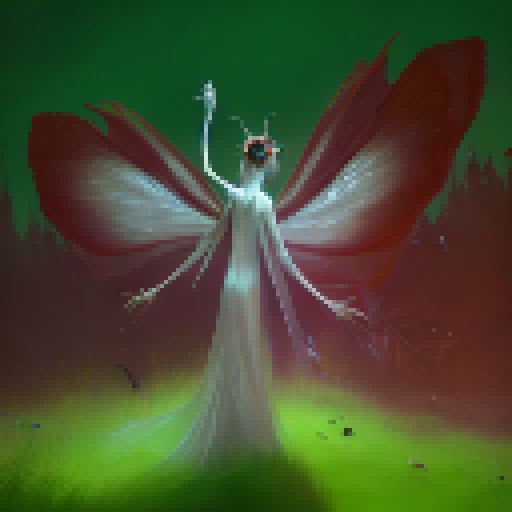 Mothwoman, a large white creature in a long white gown with piercing red eyes that seem to glow in the dark, hypnotic wings, and hauntingly beautiful face, found in the forest with an emphasis on Fantasy RPG art style.