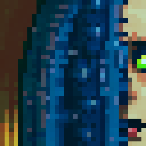Scary, eerie, haunting, dark, glowing eyes, bloodshot, jagged teeth, sinister smile, pale skin, menacing expression, game icon, 32x32 pixel art, sRGB, skill art, close up, portrait