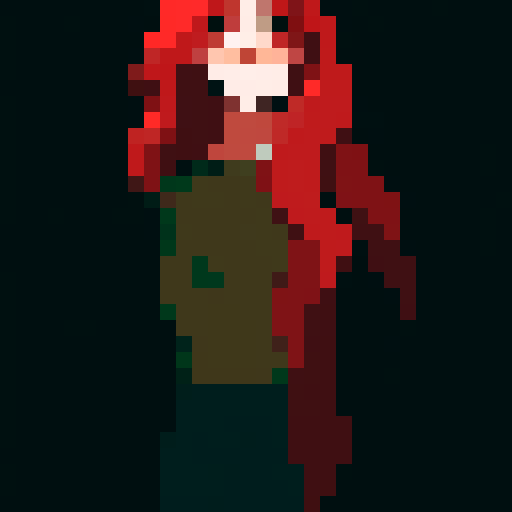 portrait of a mother, with vibrant red hair, gentle expression, and delicate freckles, captured in pixel art style, showcasing vibrant shades of red, green, and blue in sRGB color space, no background