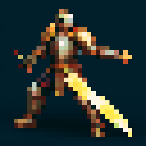 pixel art picture of a human male knight swinging a great sword with both hands, vibrant colors, detailed shading, and smooth lines, heavy armor, combat stance, muscular build, armored helmet, deep red and gold armor, detailed sword, detailed shading, smooth lines