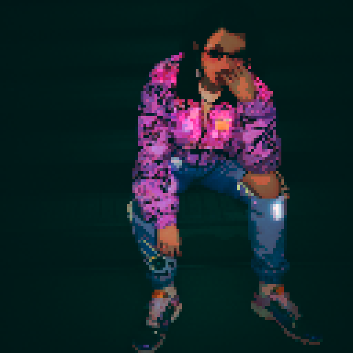 Tokyo skyline with towering neon-lit skyscrapers, retro arcade machines glowing in pastel hues, glitchy pixelated cherry blossoms, a cyberpunk girl with flowing holographic hair, floating sushi rolls with vaporwave aesthetics, and a glowing pink and purple vending machine filled with futuristic holographic drinks