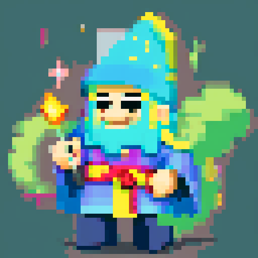 Create a pixel art character of a whimsical wizard, inspired by a cartoon style similar to the provided image. The wizard should wear a blue robe covered with yellow stars and a matching pointy hat. He should have a playful grin