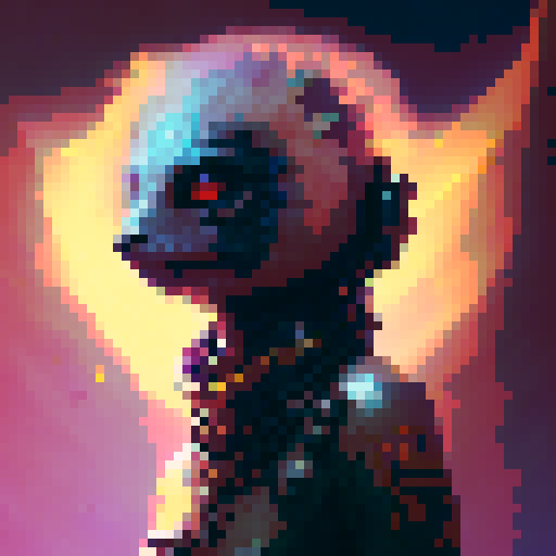 bold, fierce, yet slightly adorable humanoid creature with a semi-profile, featuring glowing eyes