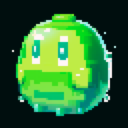 A larger, more formidable amorphous blob with a thicker, more opaque green body. It has bigger eyes and a wider smile, with more bubbles inside. No background.
