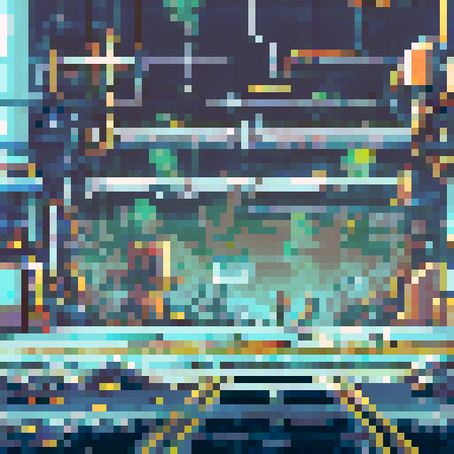 run-down, apocalyptic atmosphere, pixel art, inside of a Futuristic robot factory, background