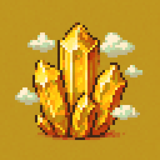 Yellow Topaz crystals with small clouds floating around it, orthorhombic crystal pattern, solid-color background