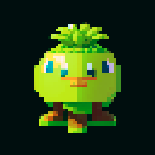 slightly larger, plant-like creature, defined features, bark-like skin, budding flowers, friendly expression, sturdy build, pixel art, sRGB
