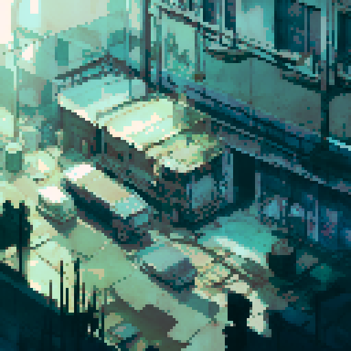 Desolate, rusted pipes and broken concrete walls, flickering neon lights casting eerie shadows in the abandoned, post-apocalyptic city building's dark, industrial interior