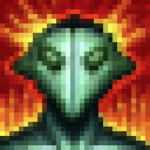 Alien isometric from XCOM, with glowing red eyes, sharp angular features, and metallic skin, rendered in game icon style as 32x32 pixel art with a close-up portrait showcasing the creature's otherworldly skills.