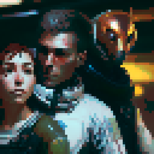 female redhead warrior sad, tall male android comforting her, spaceship background, pixel art, fantasy RPG