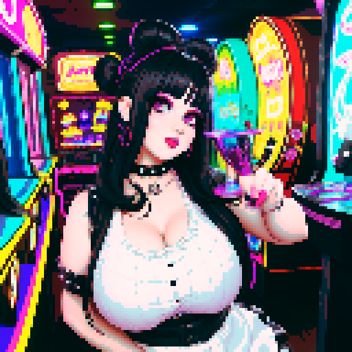 Curvy cute goth girl bartender, hair in buns, dark smoky eyes, black studded choker, fishnet stockings, pouring colorful cocktails, retro arcade game machines, pachinko machines, vibrant sRGB colors