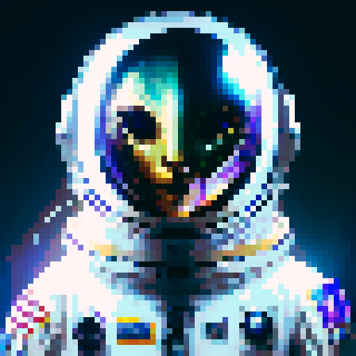Androgynous astronaut in a clear helmet, wearing a sleek, futuristic sci-fi space suit adorned with intricate, metallic armor pieces reminiscent of a fantasy RPG, with vibrant colors, ethereal glowing runes, and elaborate engravings