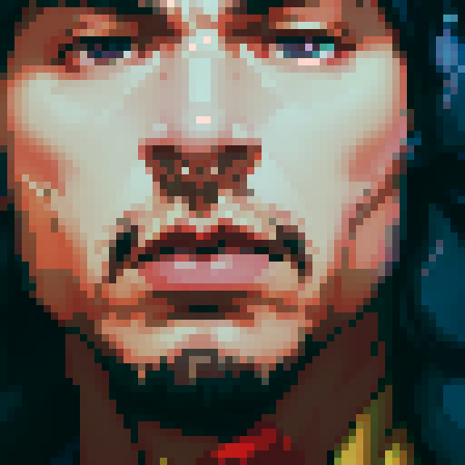 carlos cool guy, no moustache, chin hair, tired, dark eyes, sRGB, pixel art
