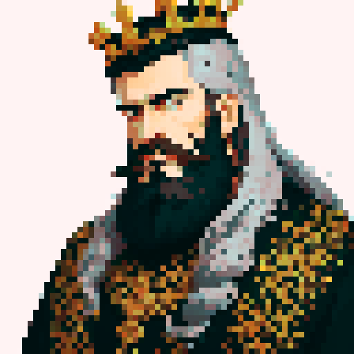 king, regal, black metall crown, black crown, majestic, stoic expression, sharp features, detailed beard, silver accents, royal robe, intricate embroidery, game icon, 32x32 pixel art, sRGB, skill art, close up, portrait, golden hairs